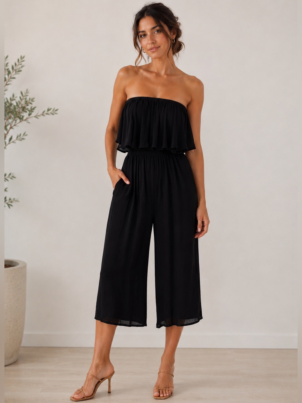 Guess Strapless Black Pleated Maxi Jumpsuit culotte
